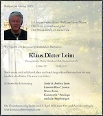 Traueranzeige Klaus Dieter Leim, Rodgau