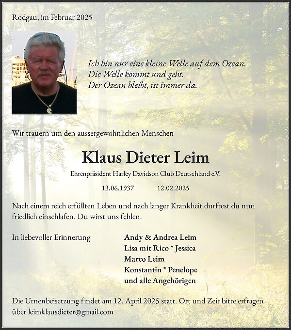 Traueranzeige von Klaus Dieter Leim, Rodgau