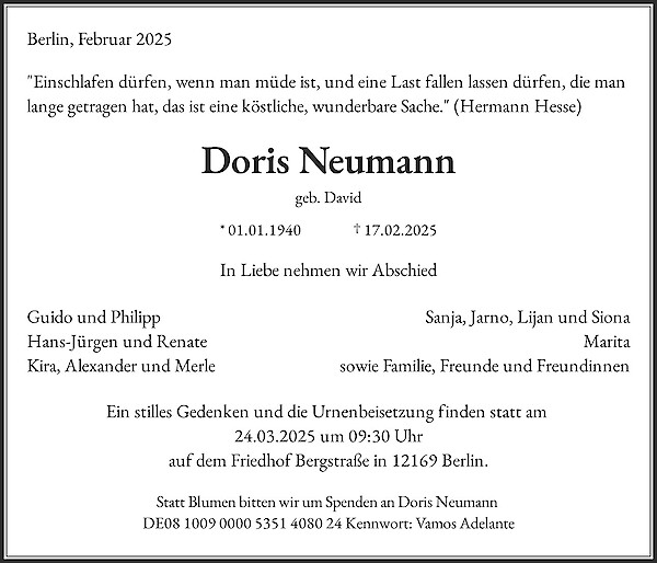 Traueranzeige von Doris Neumann