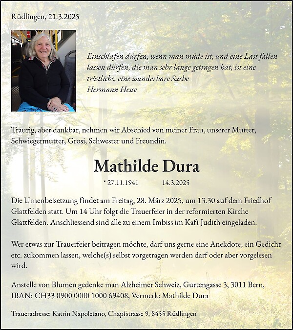 Traueranzeige von Mathilde Dura