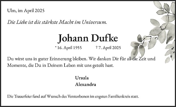 Traueranzeige von Johann Dufke