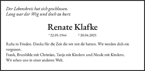Traueranzeige von Renate Klafke