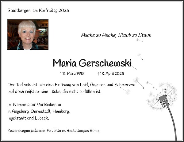 Obituary Maria Gerschewski, Stadtbergen, bei Augsburg