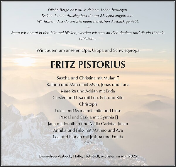 Obituary FRITZ PISTORIUS, Diemelsee