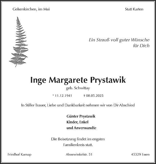 Traueranzeige von Inge Margarete Prystawik