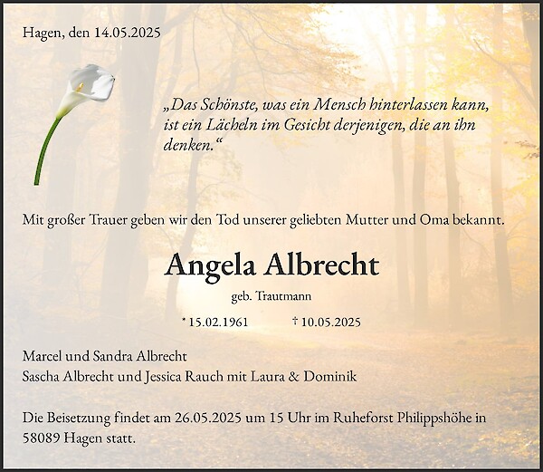 Traueranzeige von Angela Albrecht, Hagen
