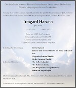 Traueranzeige Irmgard Hansen