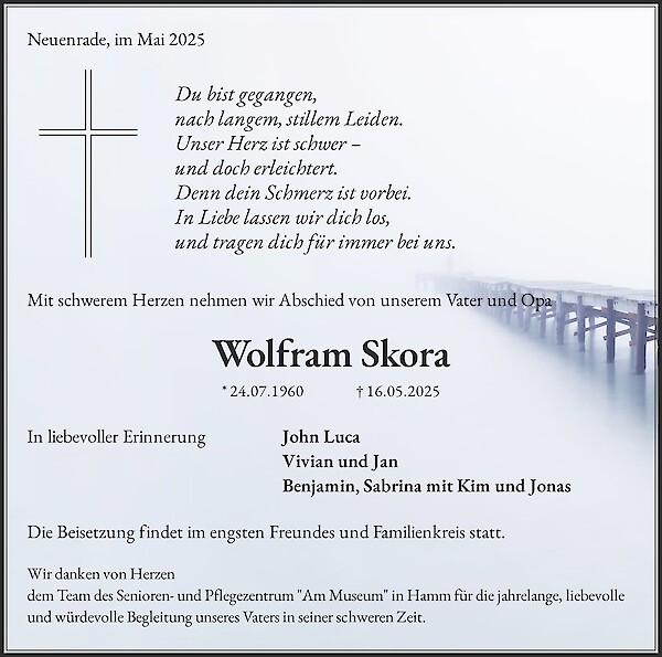 Traueranzeige von Wolfram Skora, Neuenrade