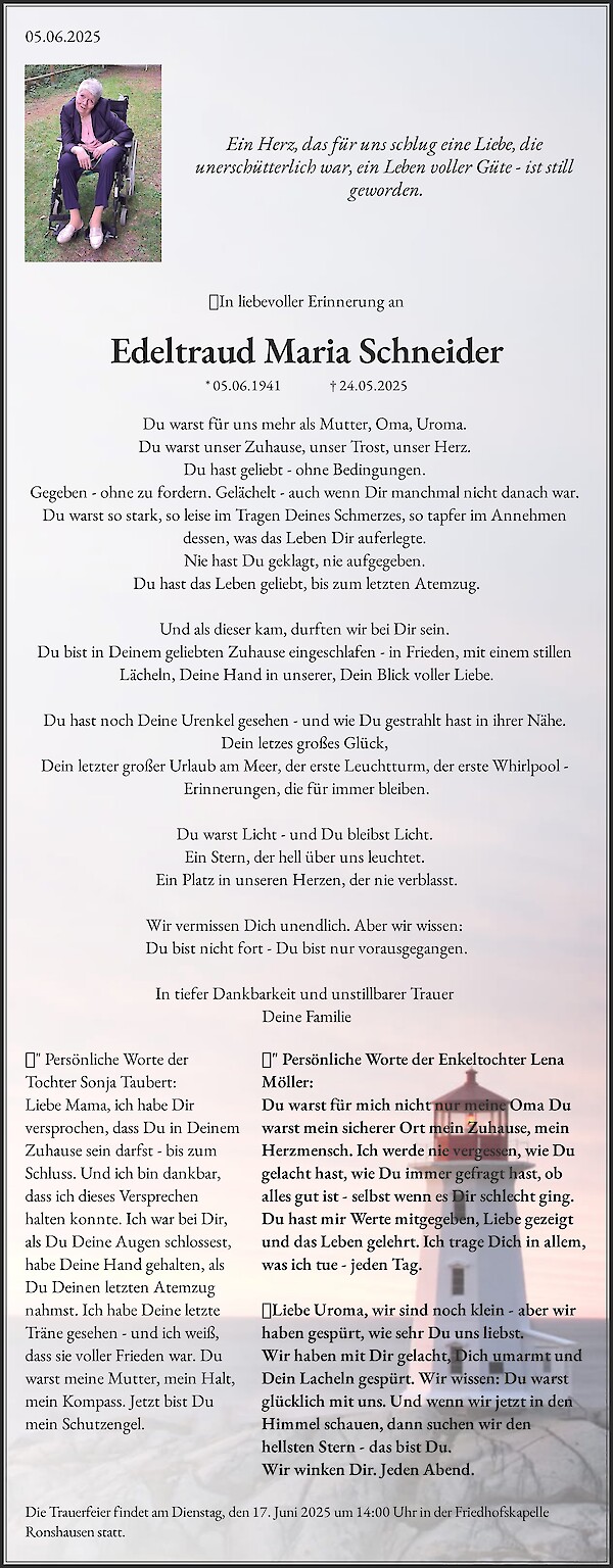 Traueranzeige von Edeltraud Maria Schneider, Ronshausen