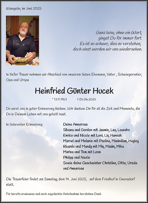 Traueranzeige von Heinfried Günter Hucek, Ganzlin / Wangelin