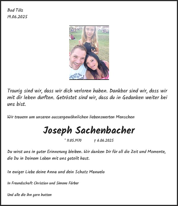 Traueranzeige von Joseph Sachenbacher, Bad Tölz