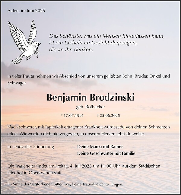 Traueranzeige von Benjamin Brodzinski, Oberkochen