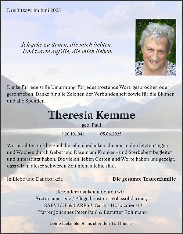 Traueranzeige von Theresia Kemme, Wittendörp OT Dreilützow