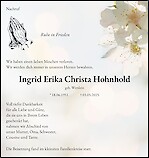 Traueranzeige Ingrid Erika Christa Hohnhold, Fürstenwalde / Spree