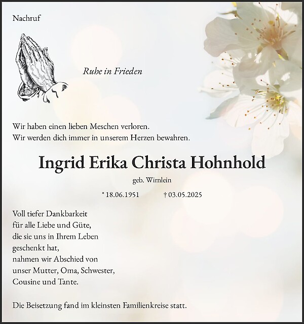 Traueranzeige von Ingrid Erika Christa Hohnhold, Fürstenwalde / Spree