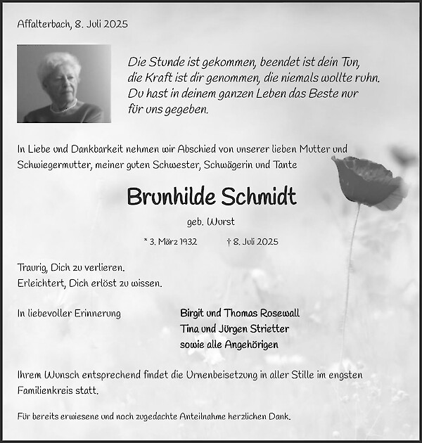 Traueranzeige von Brunhilde Schmidt