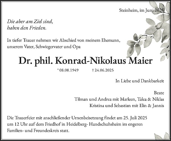 Traueranzeige von Dr. phil. Konrad-Nikolaus Maier, Steinheim/Murr