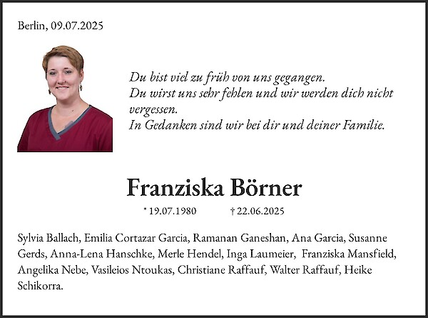 Traueranzeige von Franziska Börner, Berlin
