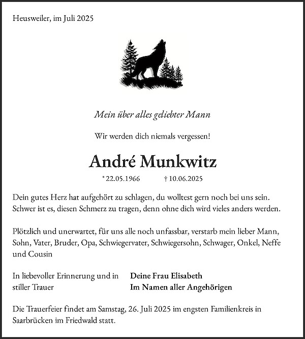 Traueranzeige von André Munkwitz, Heusweiler