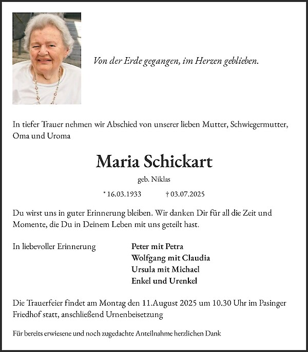 Obituary Maria Schickart