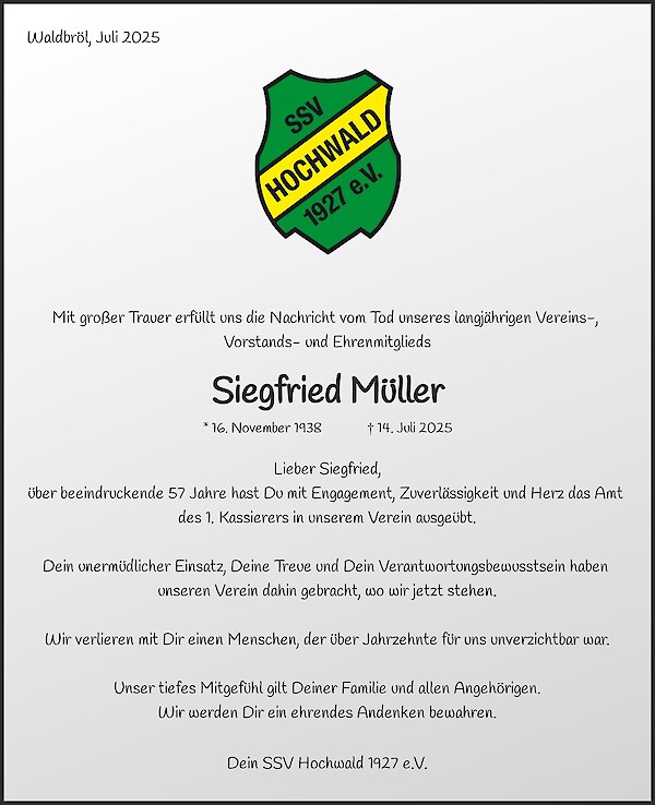 Obituary Siegfried Müller, Waldbröl