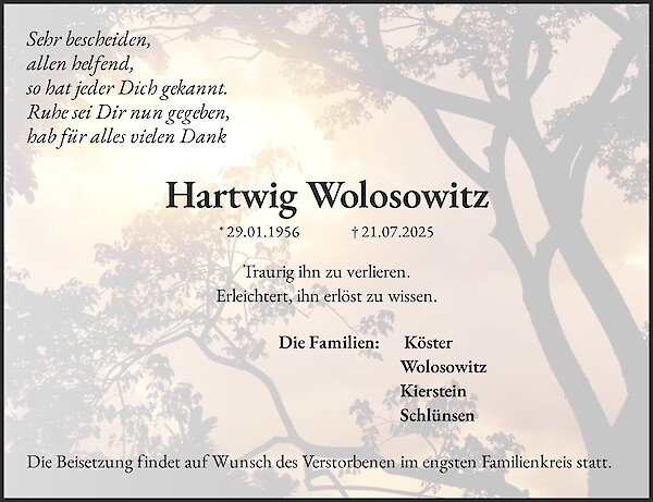 Traueranzeige von Hartwig Wolosowitz