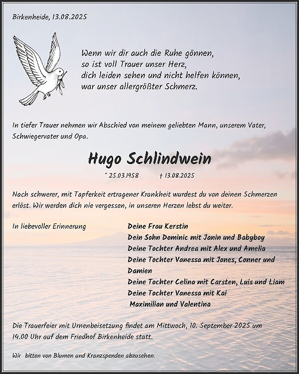 Traueranzeige von Hugo Schlindwein