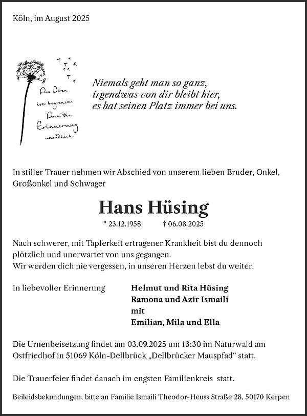 Obituary Hans Hüsing, Köln-Nippes