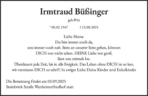 Obituary Irmtraud Büßinger, Duisburg
