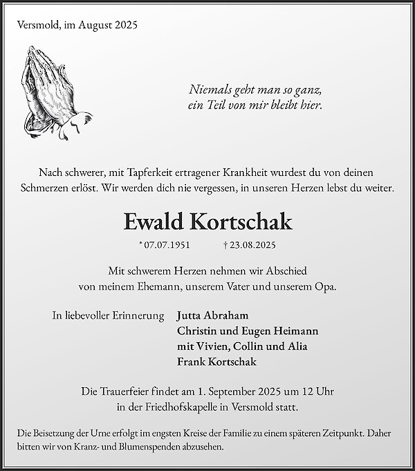 Obituary Ewald Kortschak, Versmold