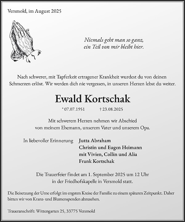 Traueranzeige von Ewald Kortschak, Versmold