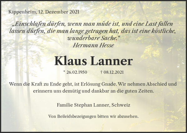 Traueranzeige von Klaus Lanner, Kippenheim