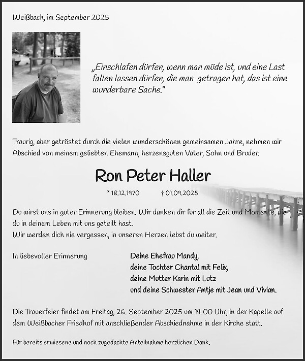 Traueranzeige von Ron Peter Haller, Weißbach
