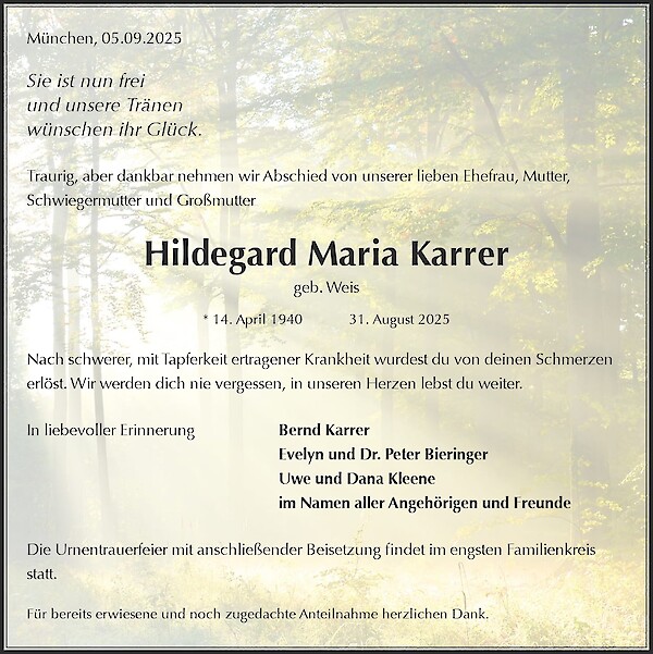Traueranzeige von Hildegard Maria Karrer, München