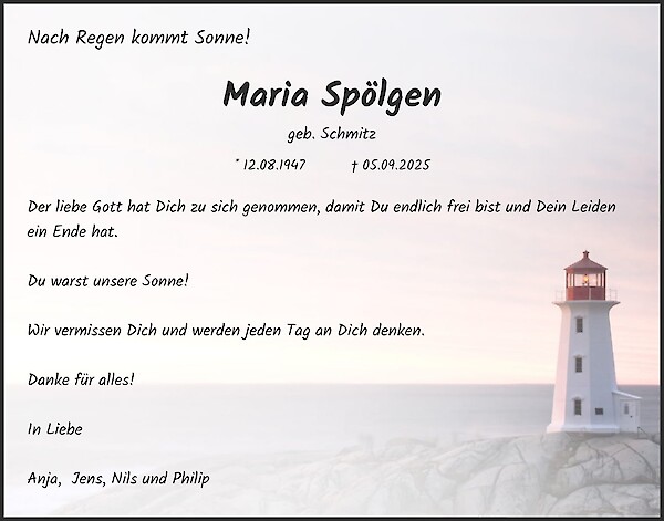 Obituary Maria Spölgen, Langerwehe Schlich