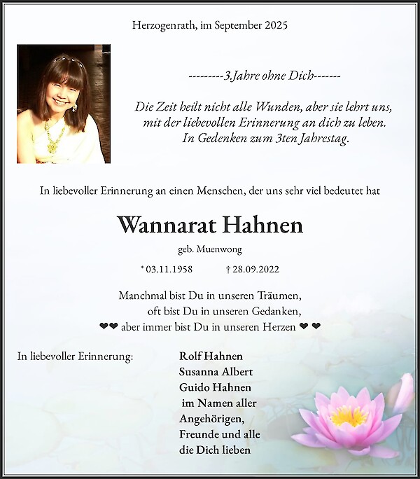 Obituary Wannarat Hahnen, Herzogenrath