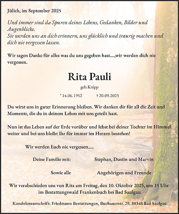 Obituary Rita Pauli, Jülich