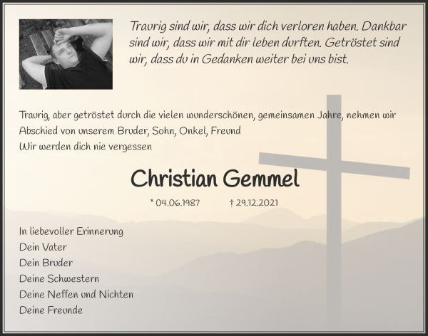 Traueranzeige von Christian Gemmel, Neunkirchen