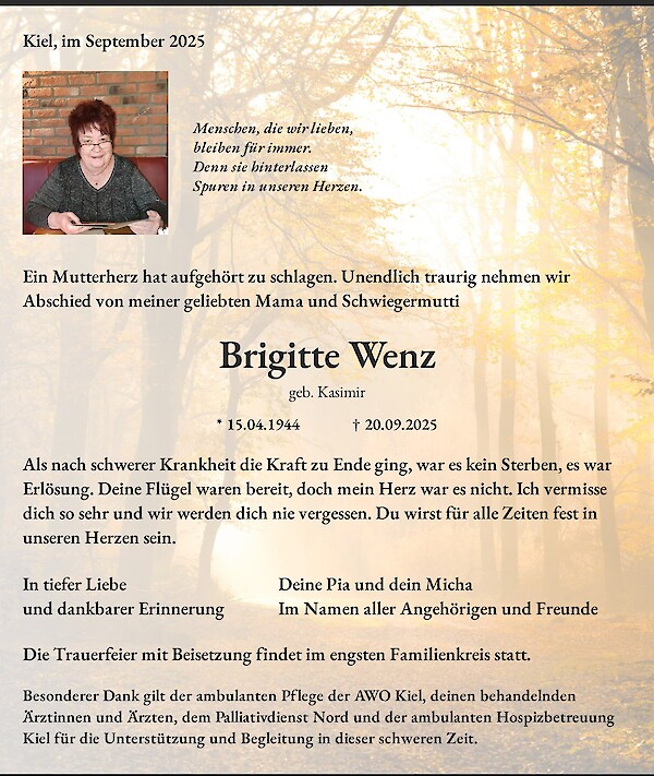 Traueranzeige von Brigitte Wenz, Kiel