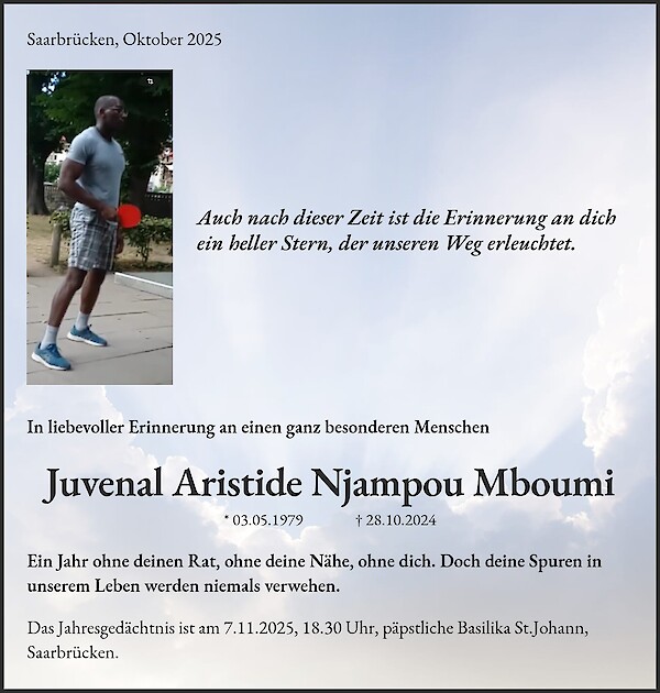 Obituary Juvenal Aristide Njampou Mboumi, Saarbrücken