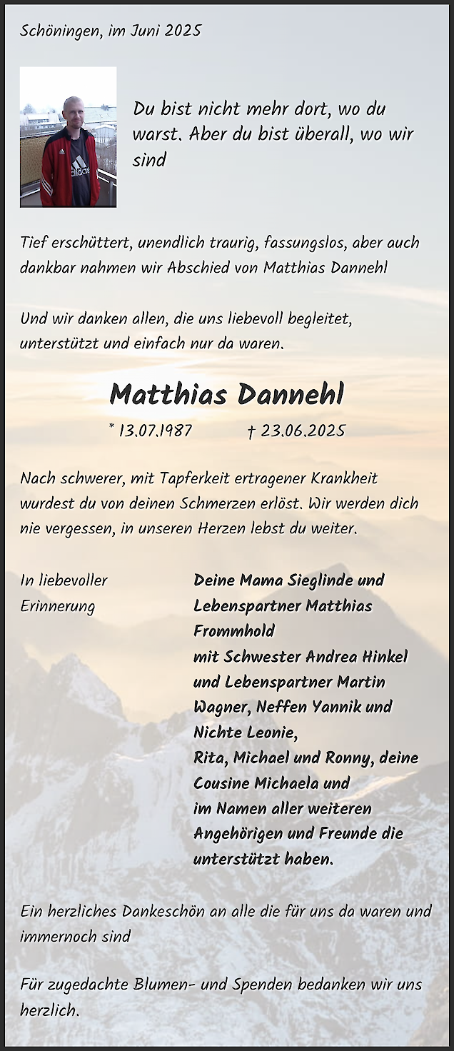 Todesanzeige von Matthias Dannehl, Schöningen