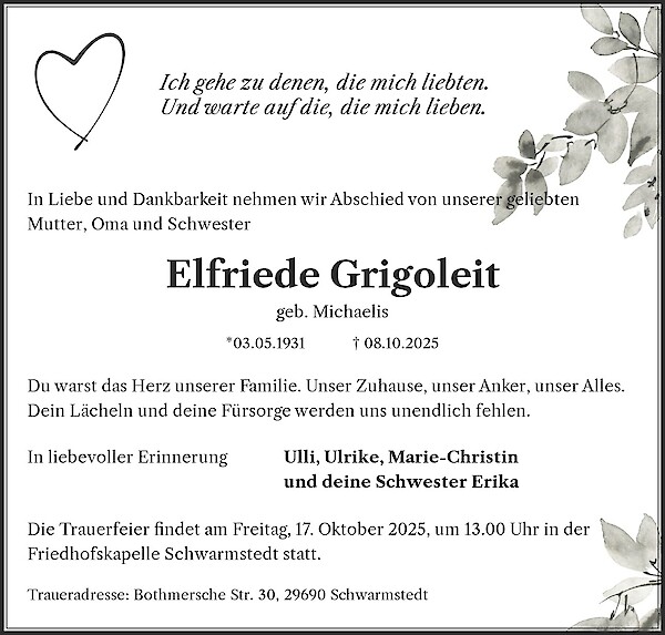 Obituary Elfriede Grigoleit