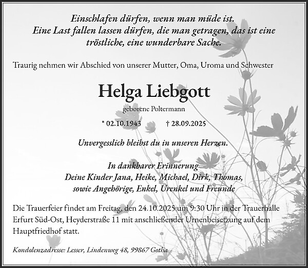 Traueranzeige von Helga Liebgott