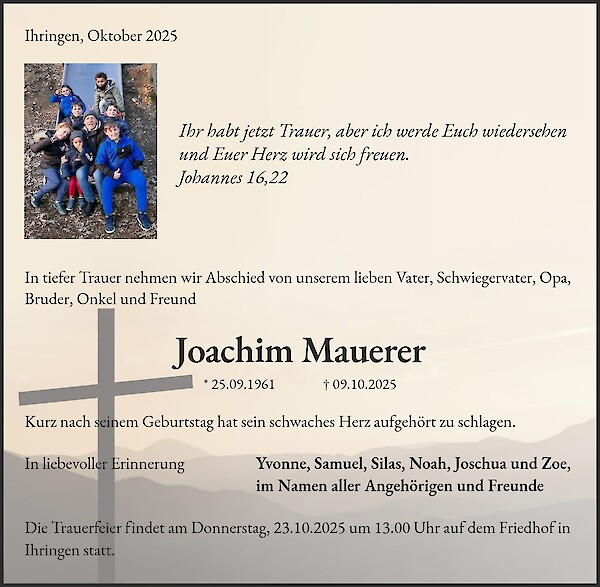Traueranzeige von Joachim Mauerer