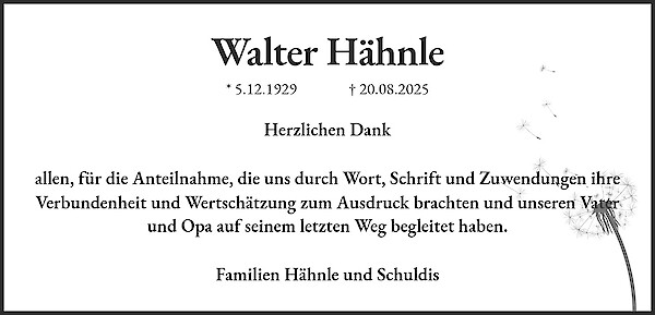 Traueranzeige von Walter Hähnle