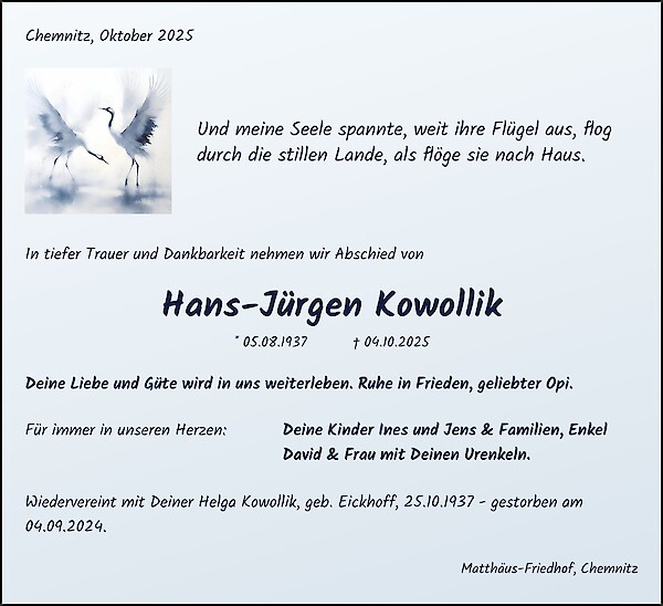 Obituary Hans-Jürgen Kowollik, Chemnitz