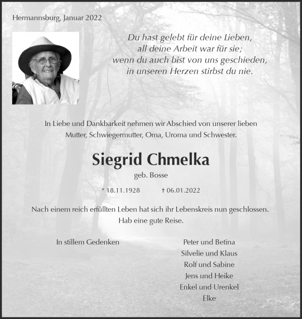 Obituary Siegrid Chmelka, Hermannsburg