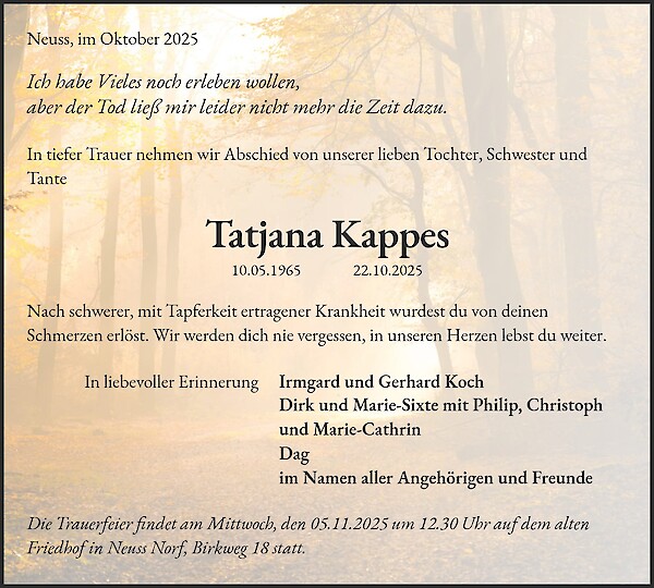 Traueranzeige von Tatjana Kappes