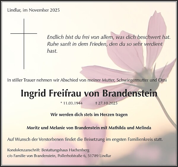 Traueranzeige von Ingrid Freifrau von Brandenstein, Lindlar