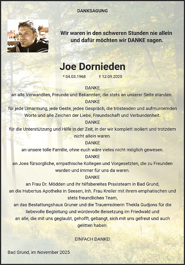 Note of Thanks of Joe Dornieden